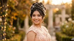 Young woman in formal dress with elaborate pearl and jewel hair accessories in elegant updo
