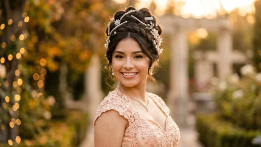 Young woman in formal dress with elaborate pearl and jewel hair accessories in elegant updo