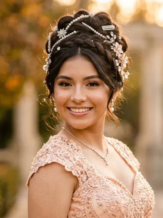 Young woman in formal dress with elaborate pearl and jewel hair accessories in elegant updo