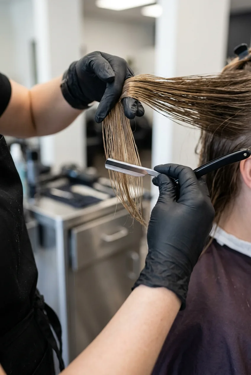 Stylist hands demonstrating proper razor positioning angle on hair section