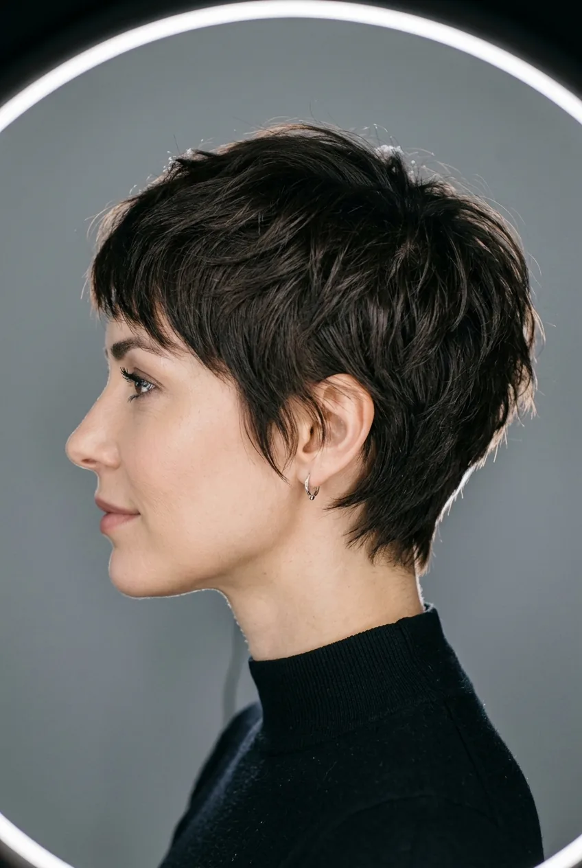 Woman with razor-cut pixie displaying ultra-soft layers and precise artistic styling