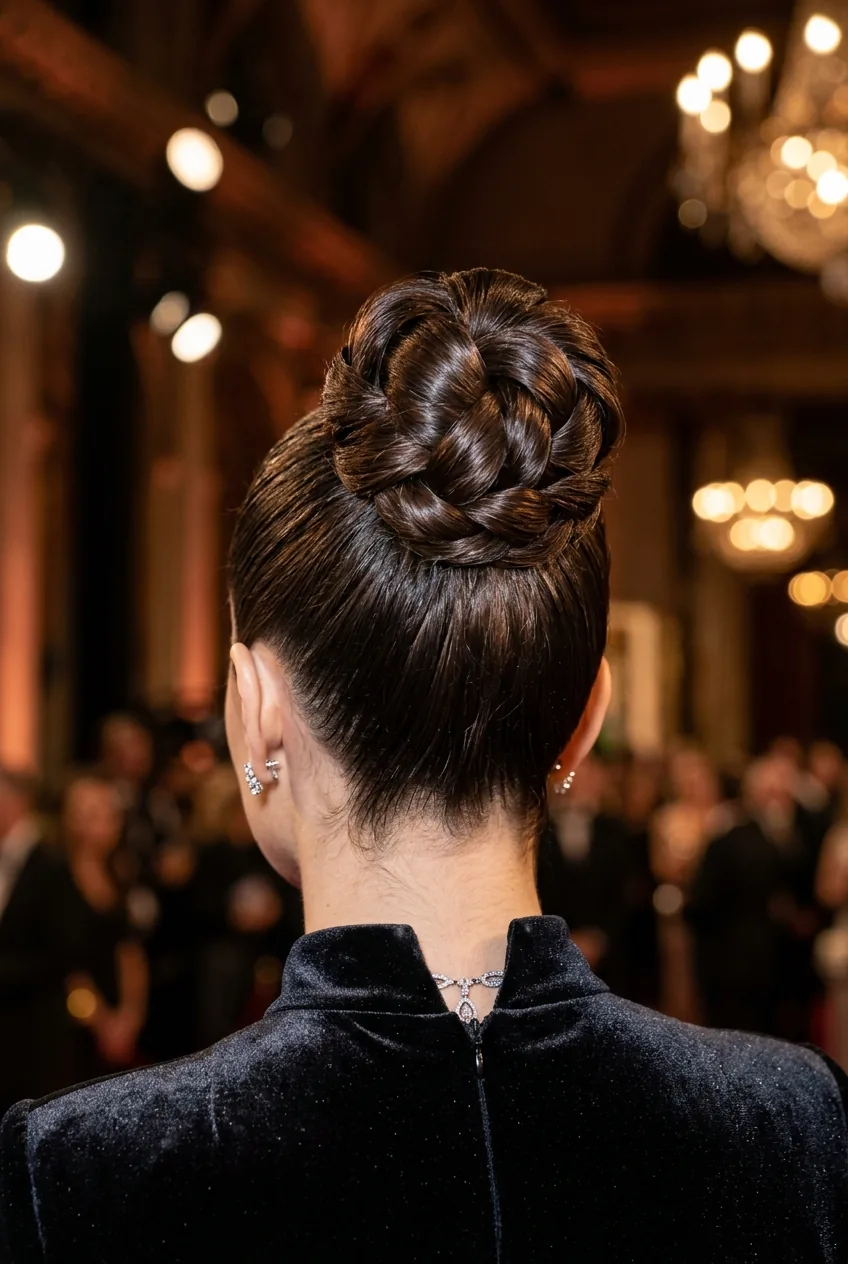 Red carpet twisted chignon with multiple interwoven sections in sophisticated styling