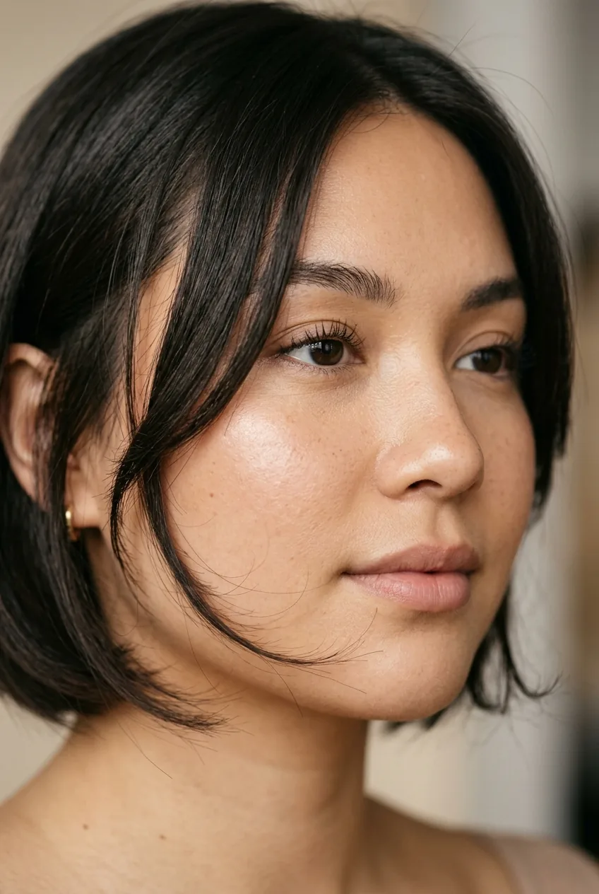 Woman with round face showing final refined angled bob cut with smooth face-framing pieces styled forward and under