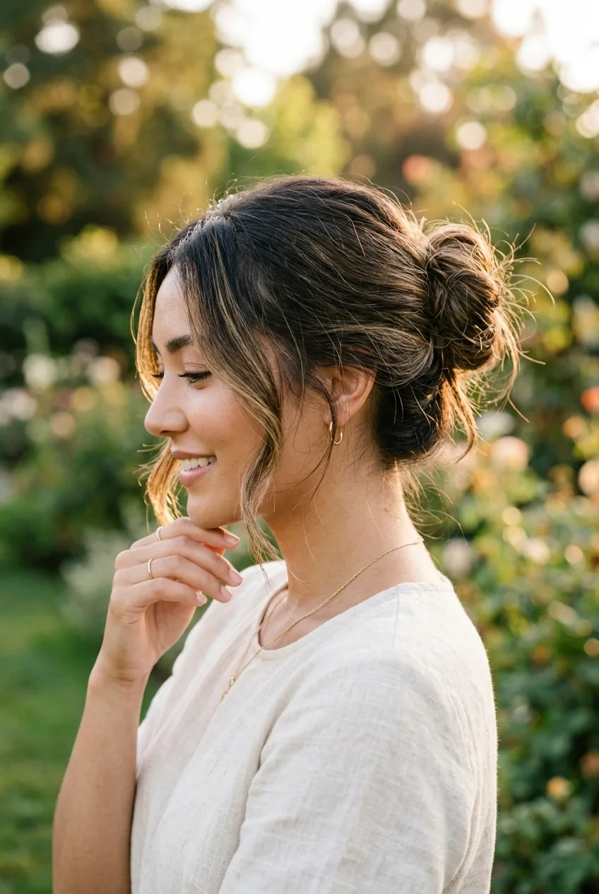 Side profile of woman with relaxed messy bun and loose pieces framing her face in natural lighting