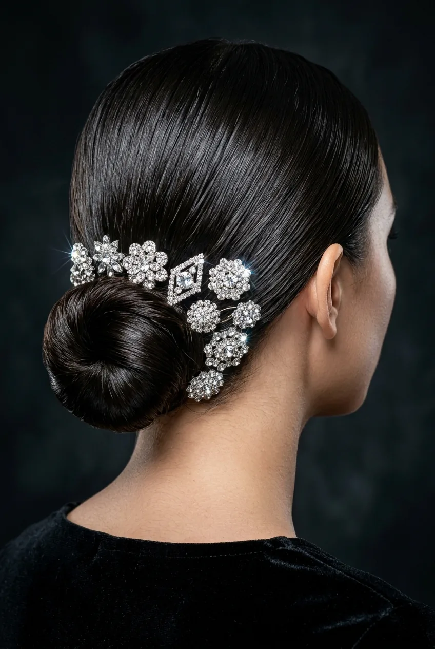 Rhinestone pins creating sparkle in sleek low bun with straight hair smoothed perfectly
