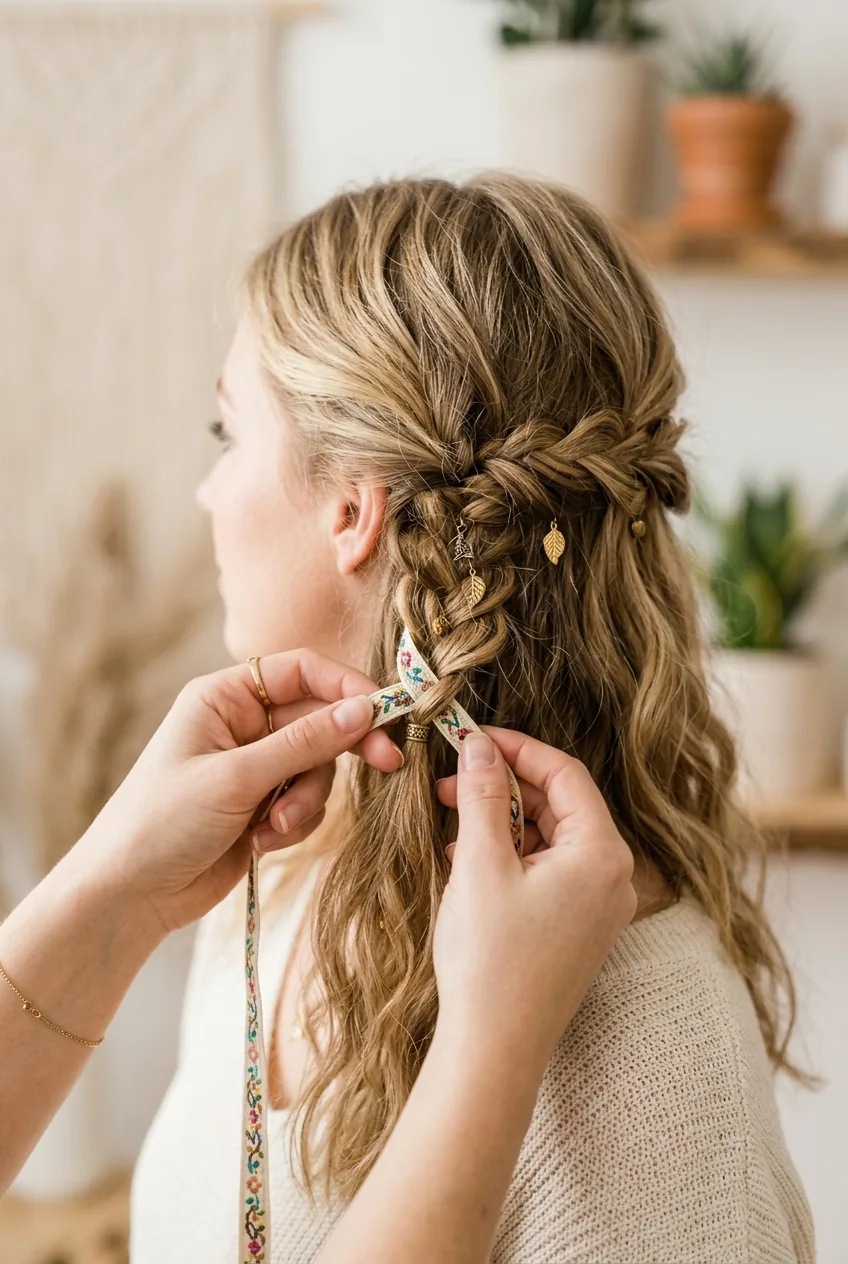 Hands weaving thin ribbon through gathered hair section for boho accessory finishing touch