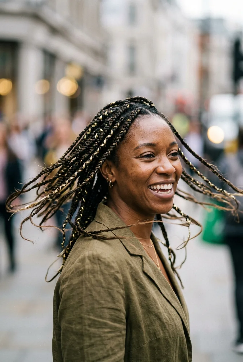 Woman with braided hairstyle featuring metallic ribbon woven through sections
