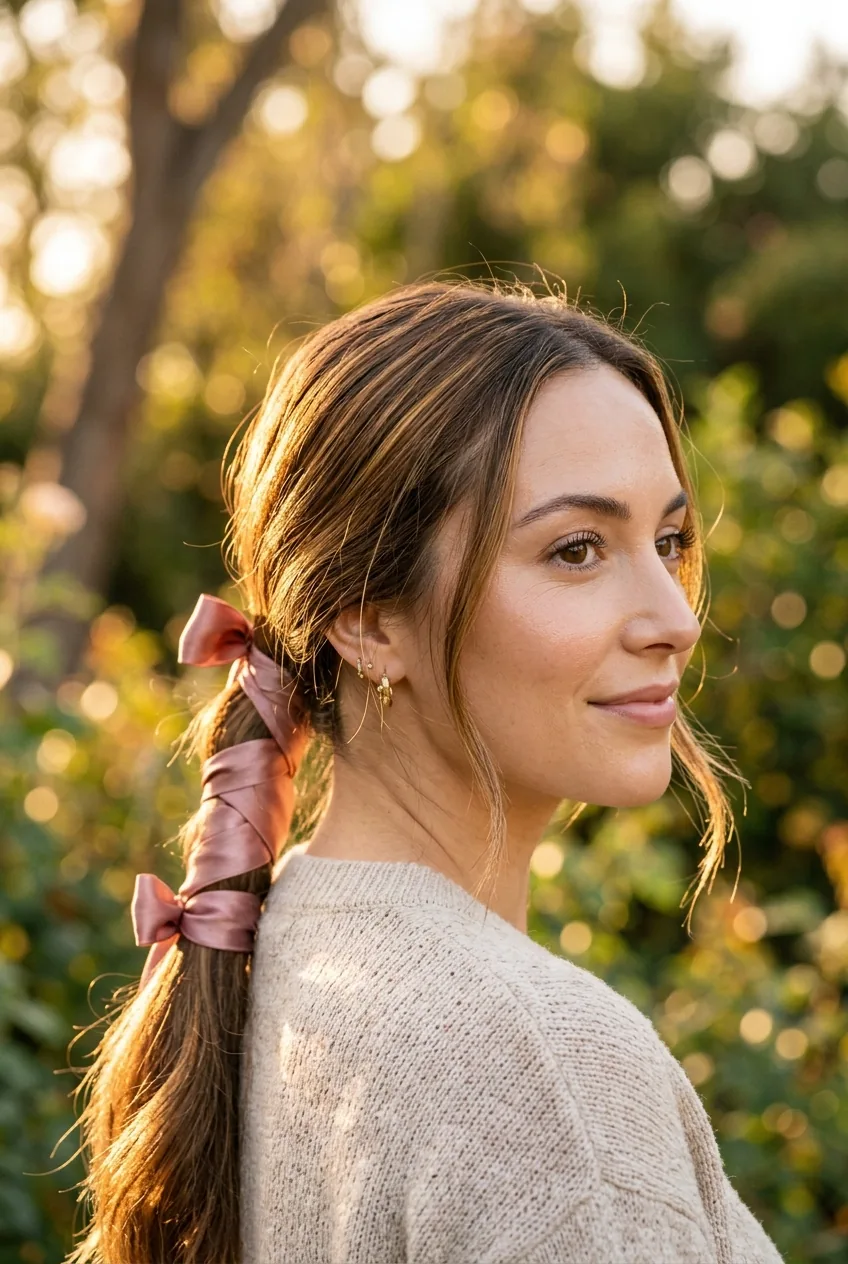 Woman with ponytail wrapped in silk ribbon from elastic to ends