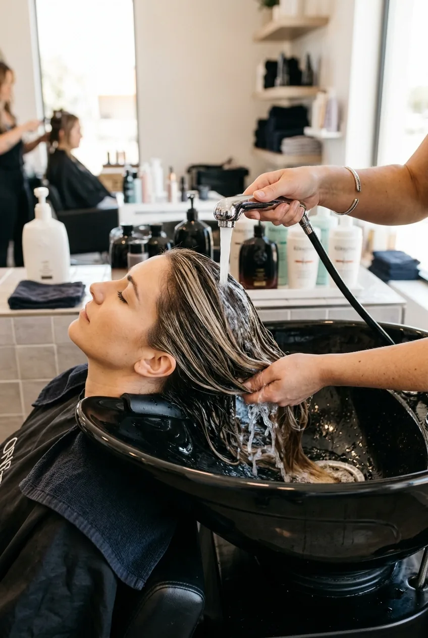 Lob-length highlighted hair being rinsed at professional salon basin after color processing