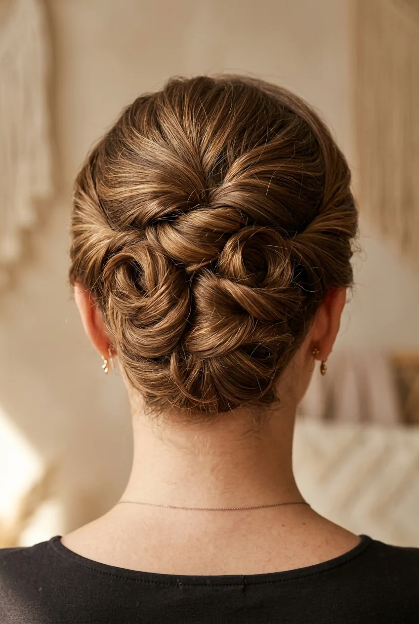 Rolled updo from behind showing multiple overlapping rolls creating dimensional textured surface