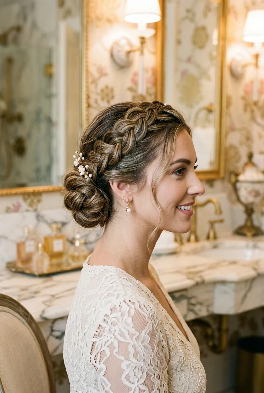 Romantic side-swept braid crown updo with intricate braided elements wrapping around low side bun