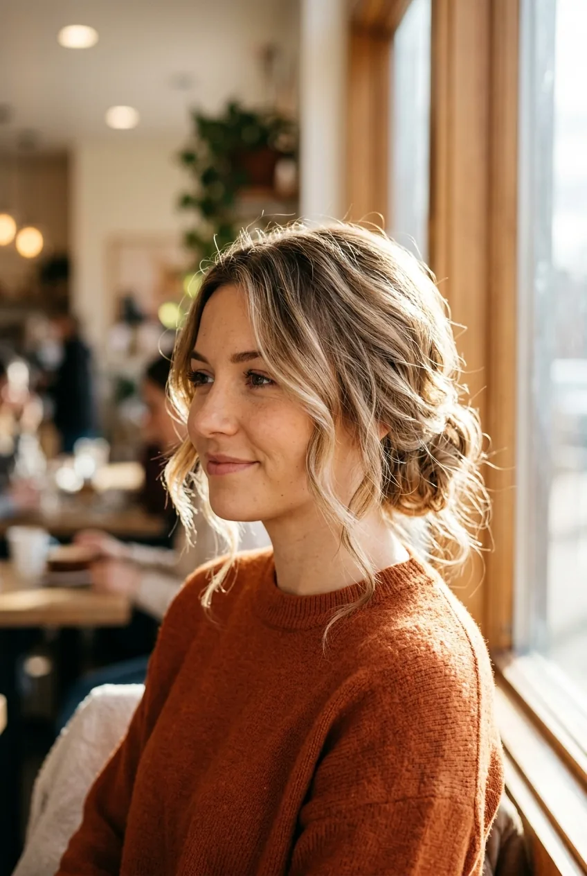 Woman displaying romantic chignon with asymmetrical bun and delicate face-framing tendrils