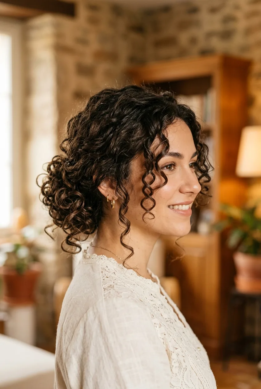 Romantic curly updo with thick hair gathered loosely showing natural texture and face-framing curls