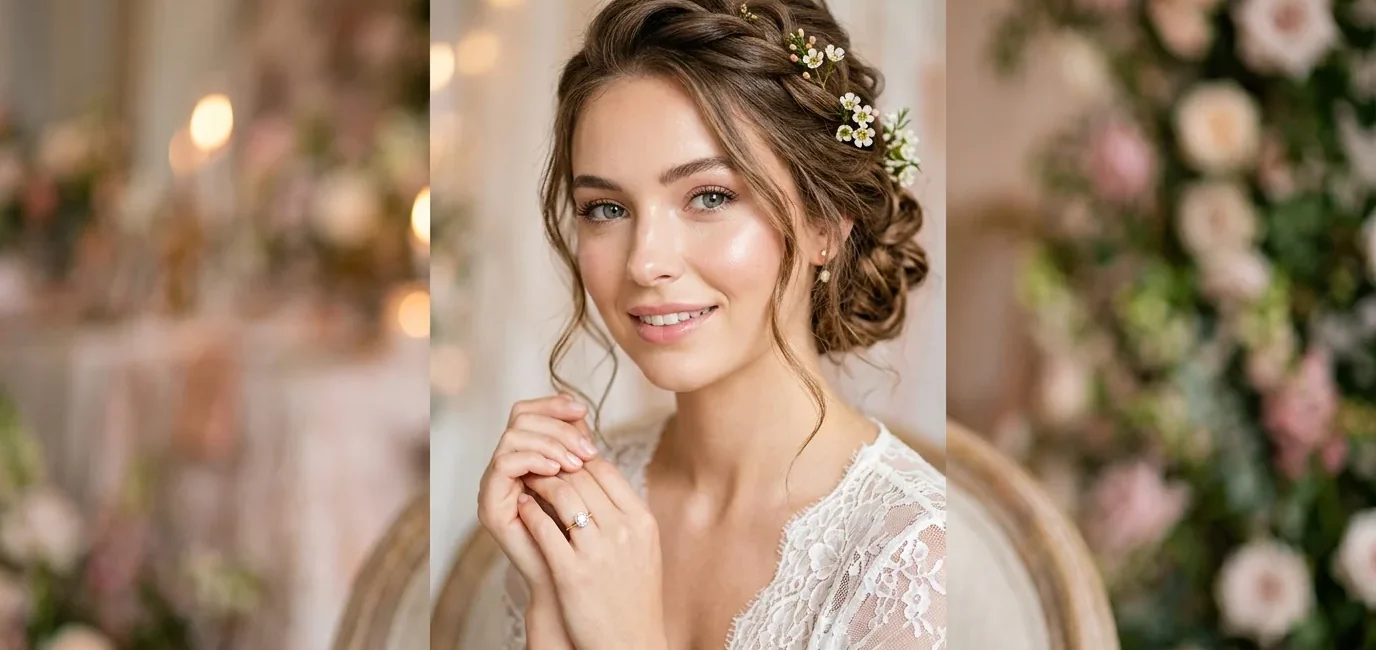 Woman with romantic textured waves and soft makeup in dreamy studio lighting