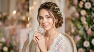 Woman with romantic textured waves and soft makeup in dreamy studio lighting