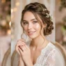 Woman with romantic textured waves and soft makeup in dreamy studio lighting