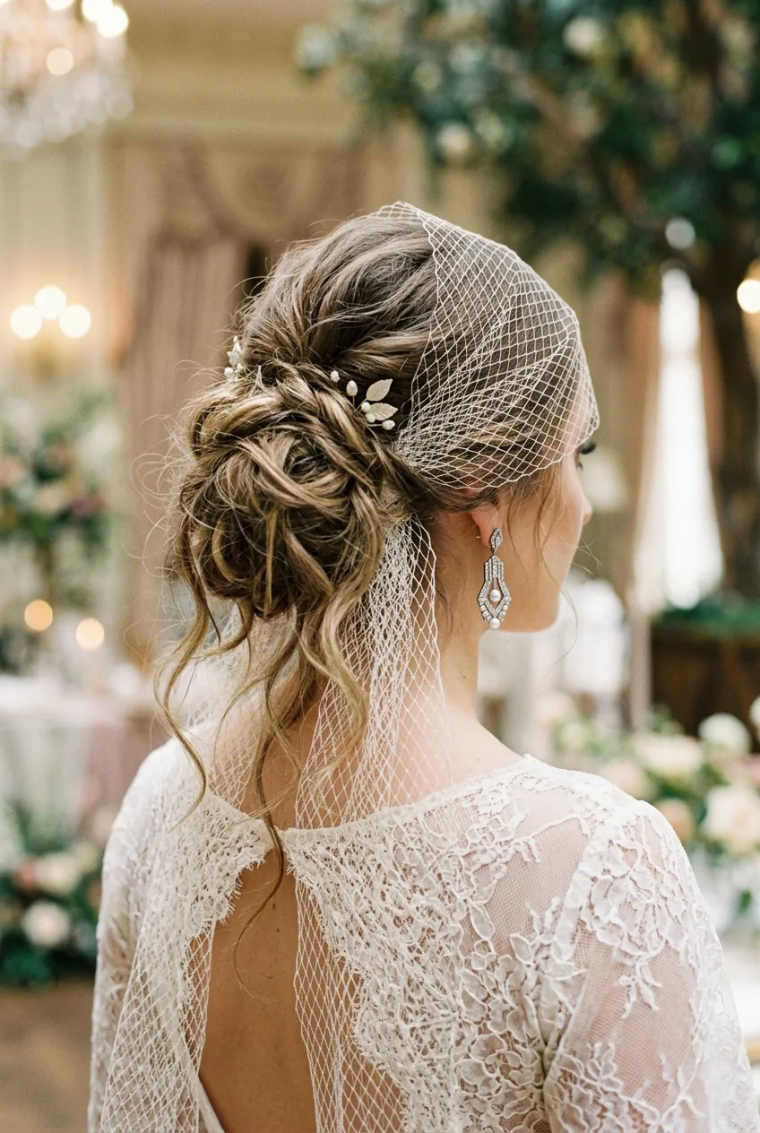 Romantic loose updo with birdcage veil integration showing deliberately imperfect pieces and art deco earrings