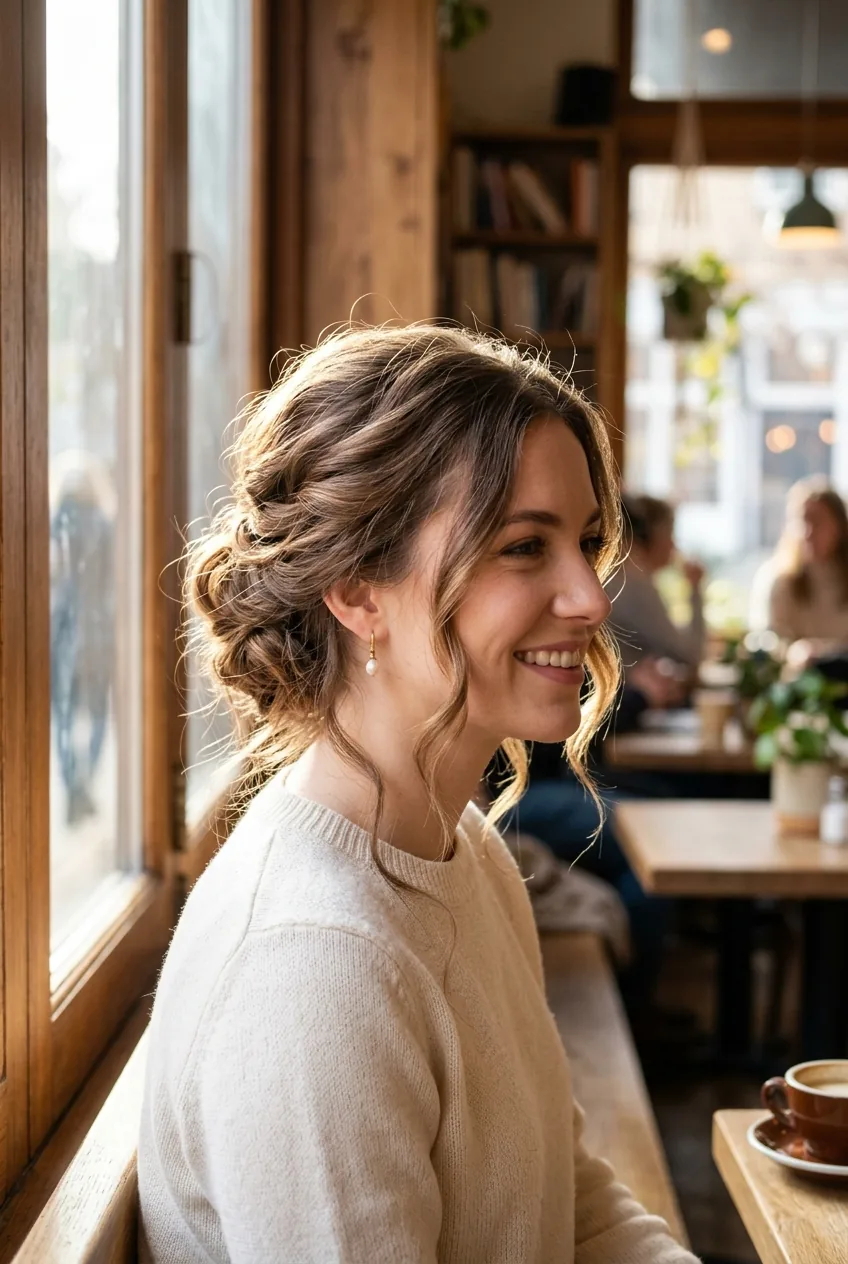 Woman with romantic loose updo showing soft pinned pieces and face-framing strands