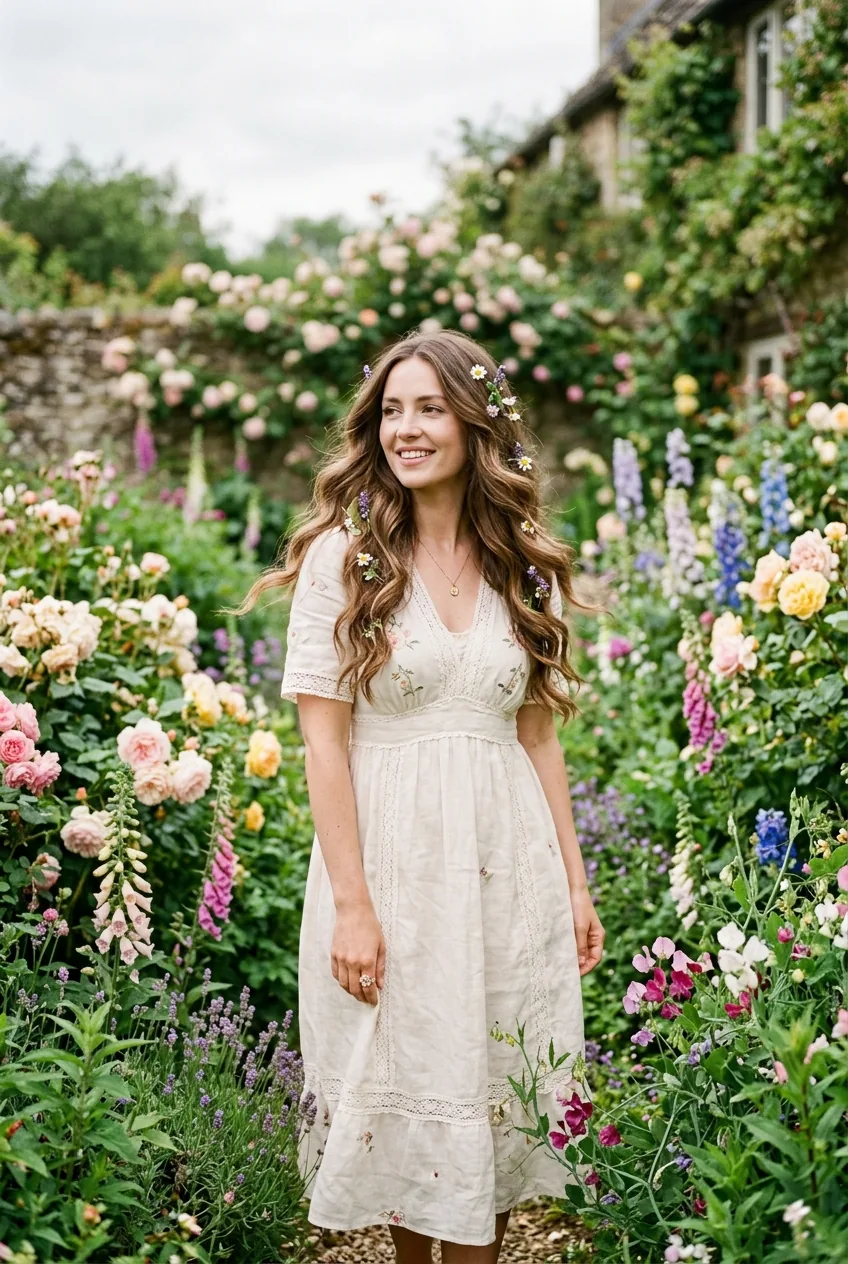 Woman with romantic loose waves hairstyle flowing naturally in cottagecore garden with wildflowers