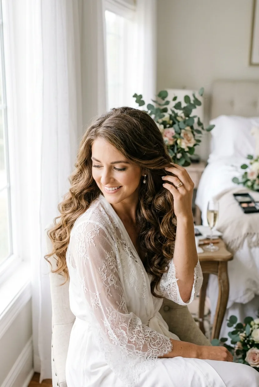 Woman with romantic loose waves touching voluminous curls in soft natural bedroom lighting