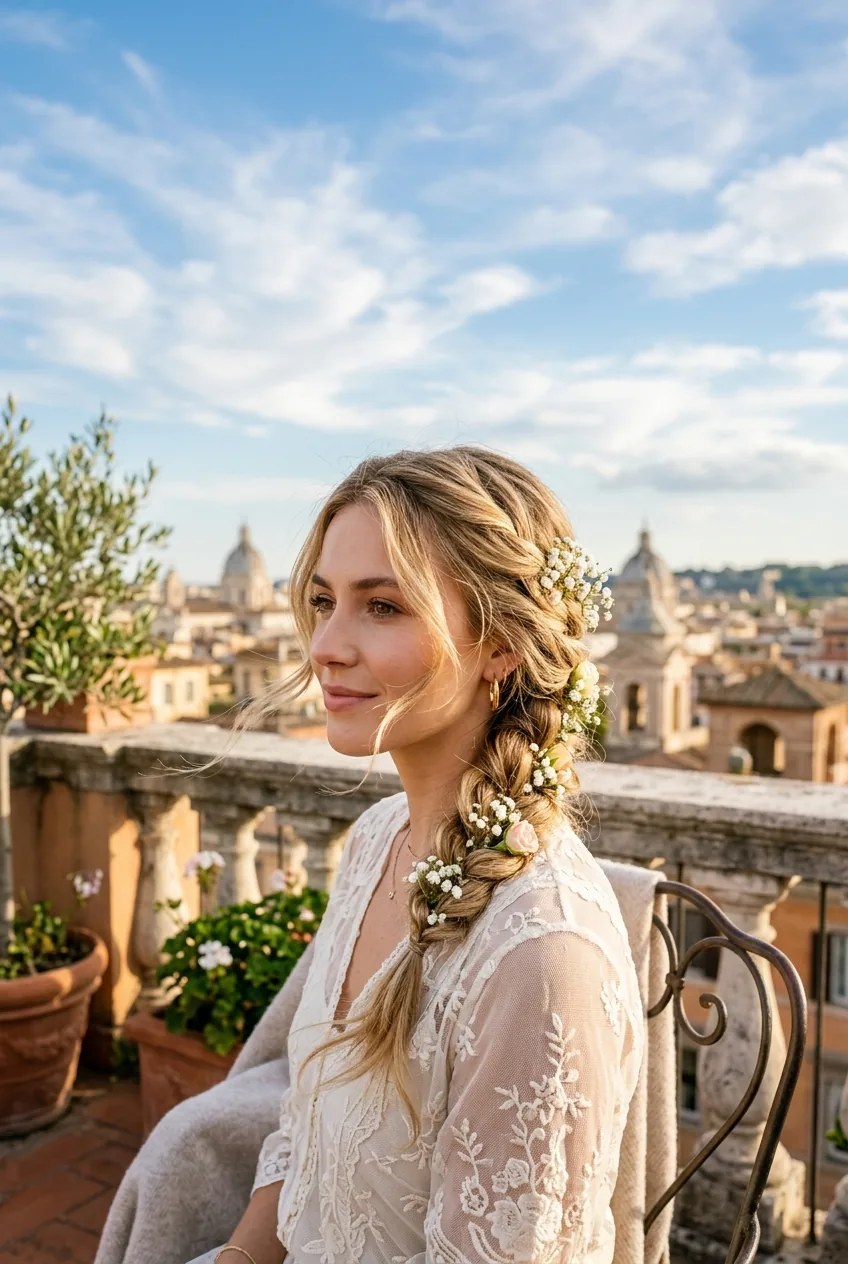 Woman with romantic side braid adorned with delicate flowers on rooftop