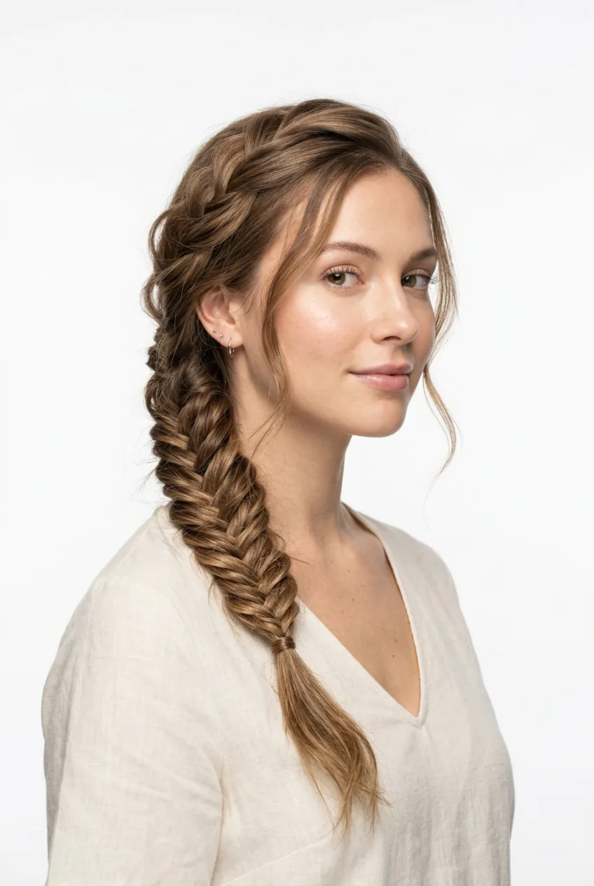Woman with romantic side braid draped over shoulder showing loose textured braiding