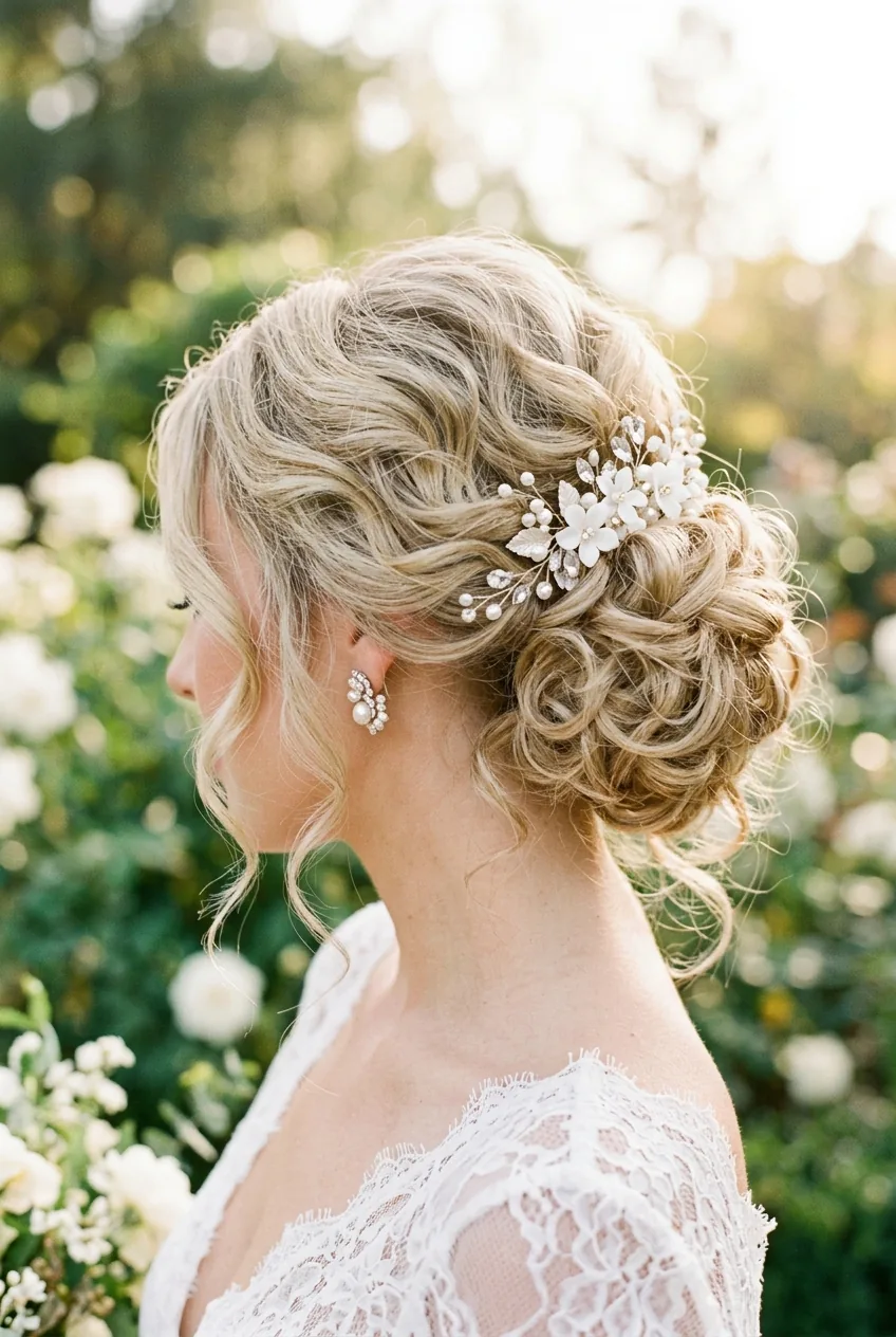 Romantic side bun with loose curls pinned asymmetrically at side of neck