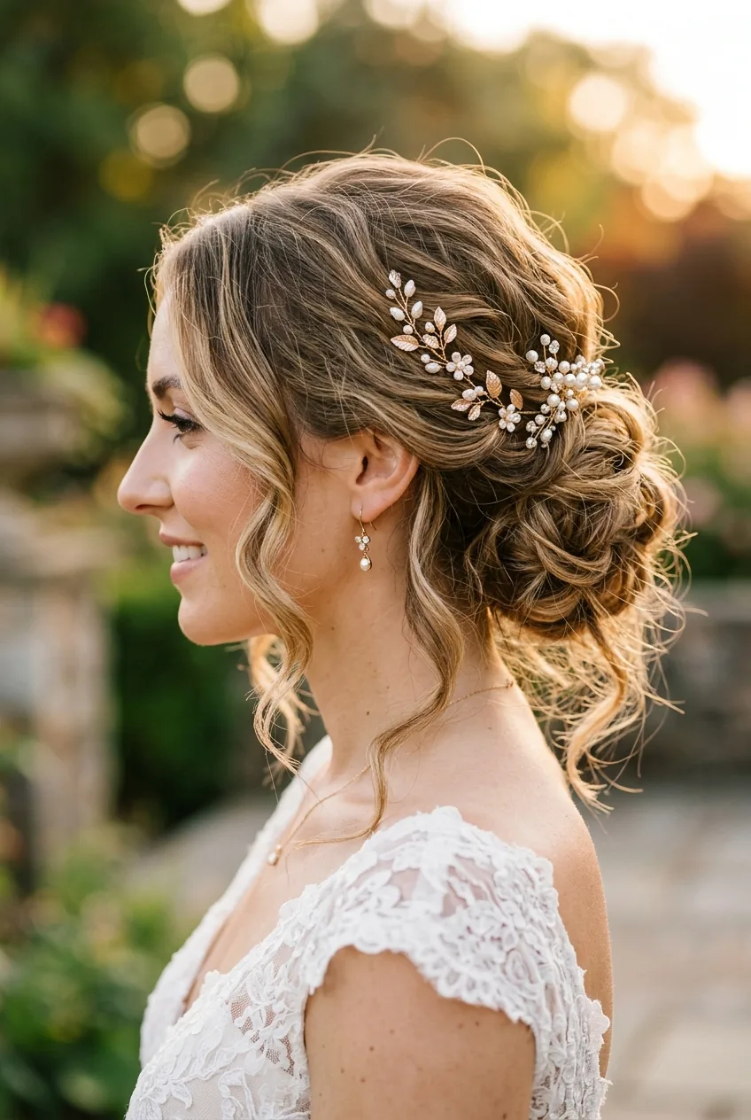 Side profile of romantic medium-length wedding updo with natural waves and delicate accessories