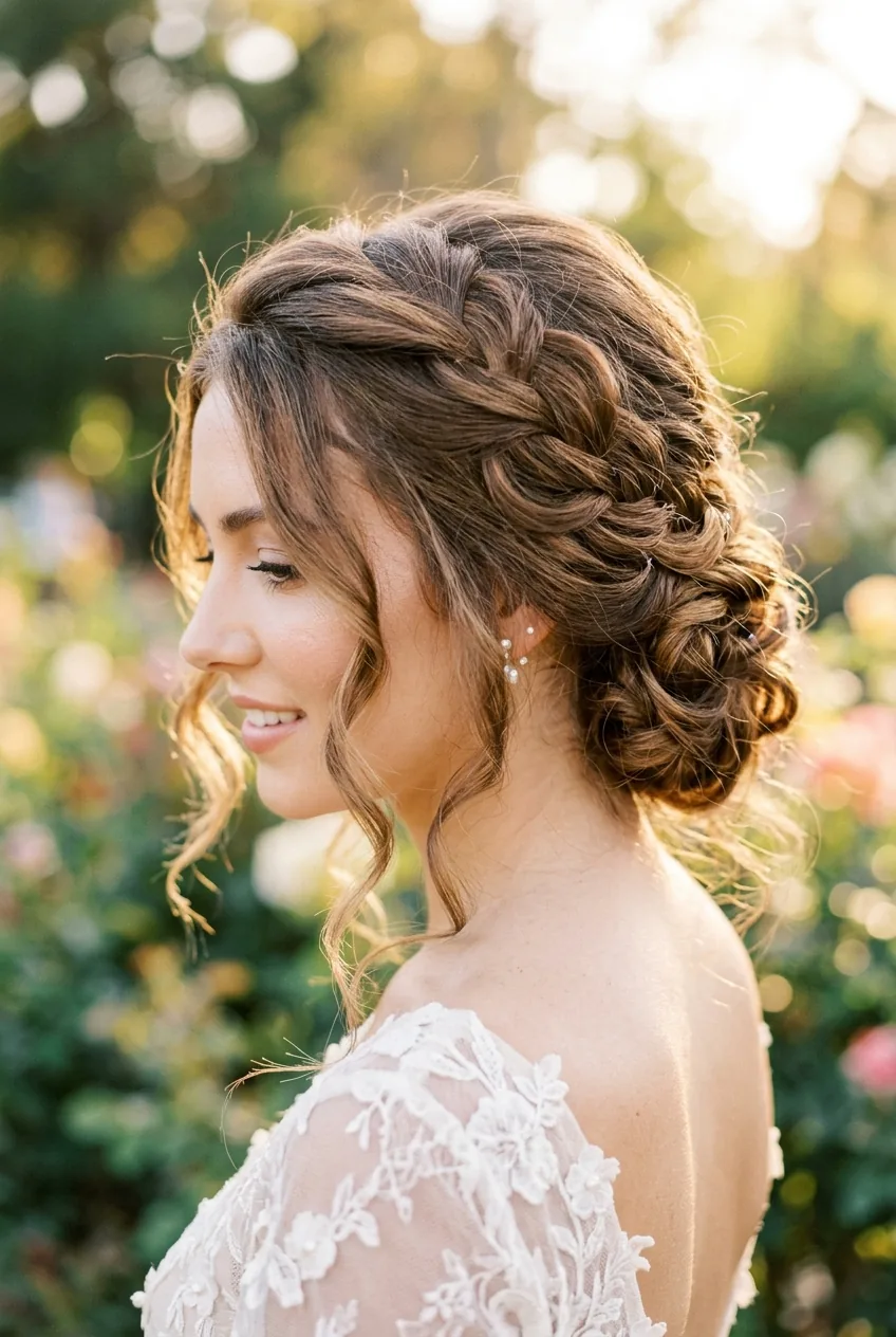 Romantic side-swept updo with loose braided elements and cascading face-framing curls