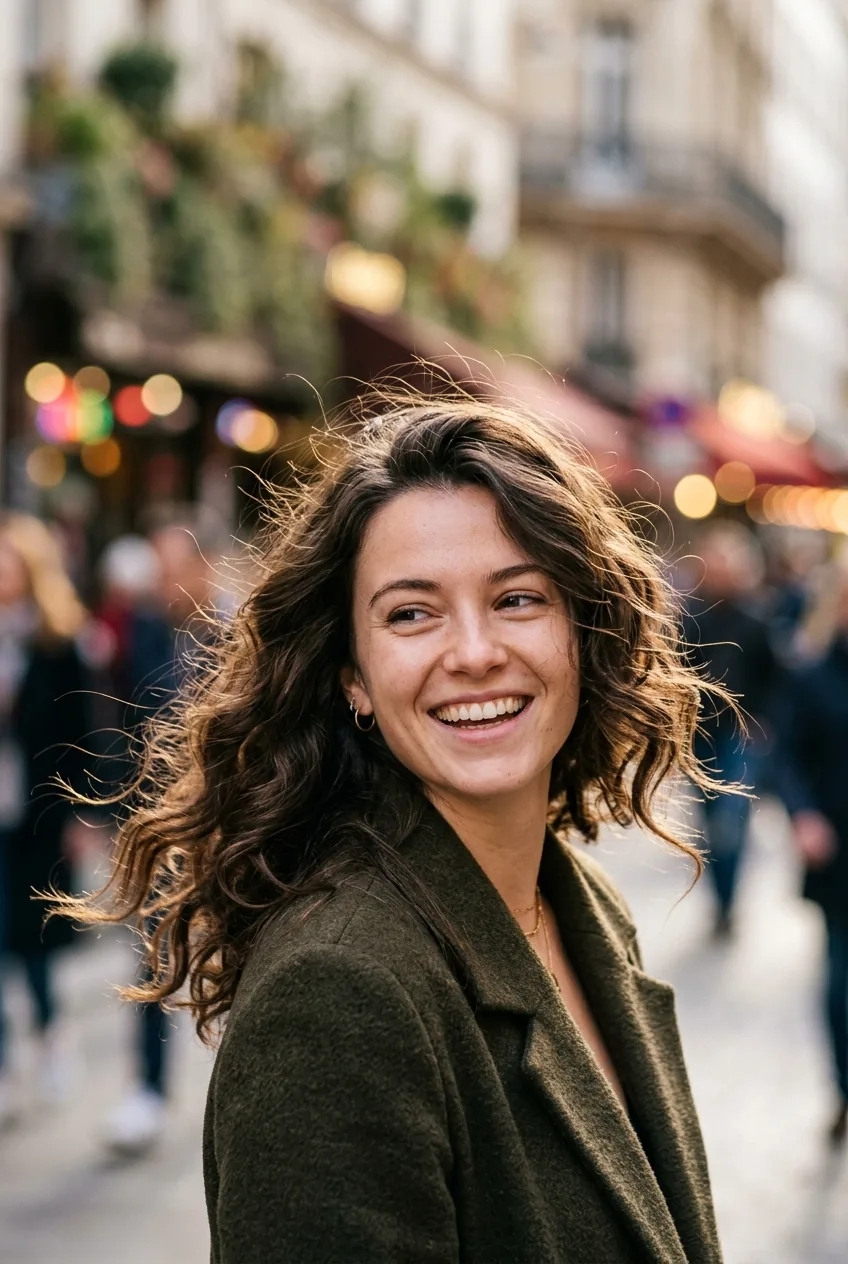 Woman with romantic side-swept curls in natural lighting showing soft texture