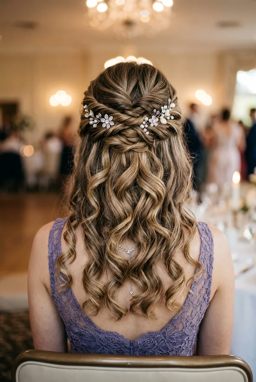 Back view of romantic half up prom hair with twisted sections and cascading loose curls