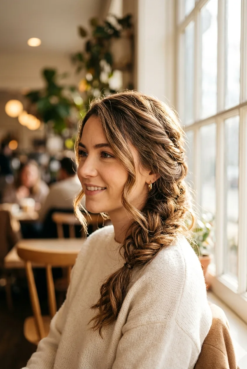 Woman with romantic twisted side swept hairstyle pinned behind one ear in soft light