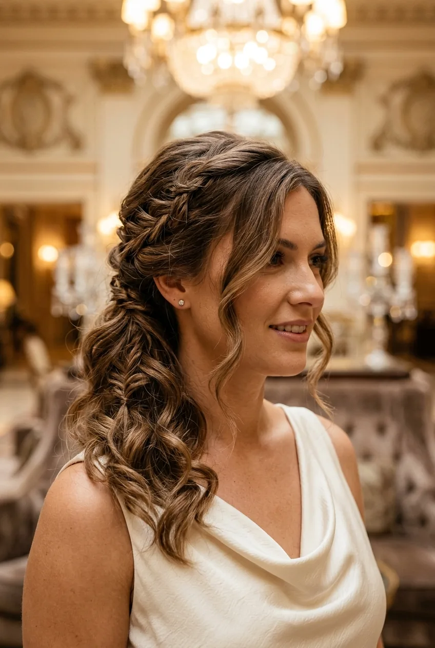Romantic side-swept waves with delicate braided details and face-framing pieces