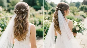 Bride with romantic waves half-up wedding hairstyle showing gathering point and flowing curls with cathedral veil
