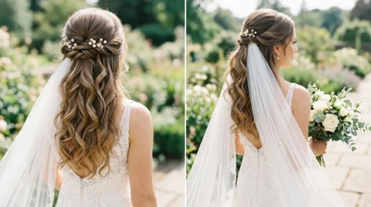 Bride with romantic waves half-up wedding hairstyle showing gathering point and flowing curls with cathedral veil