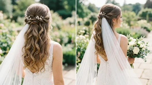 Bride with romantic waves half-up wedding hairstyle showing gathering point and flowing curls with cathedral veil