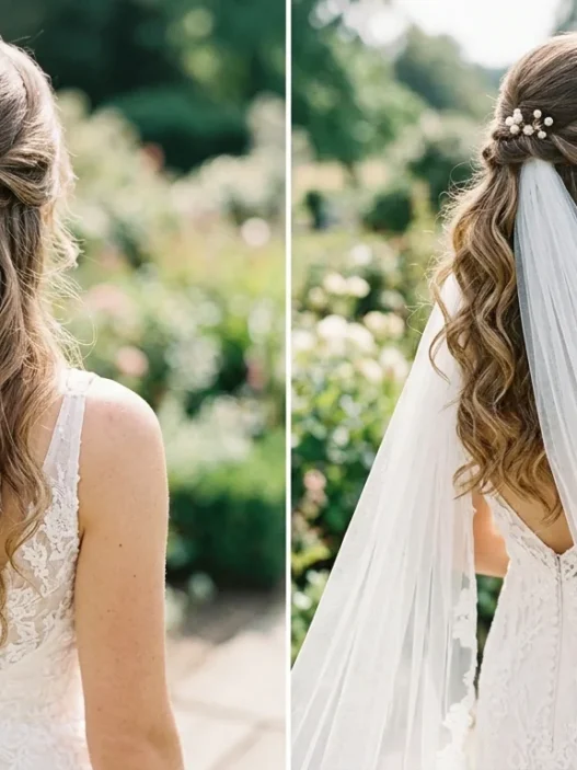 Bride with romantic waves half-up wedding hairstyle showing gathering point and flowing curls with cathedral veil
