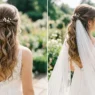 Bride with romantic waves half-up wedding hairstyle showing gathering point and flowing curls with cathedral veil
