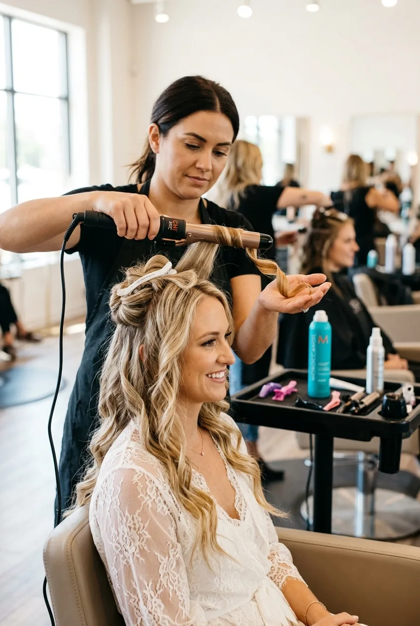 Hair stylist curling romantic waves with curling iron while bride sits in salon chair under bright lighting