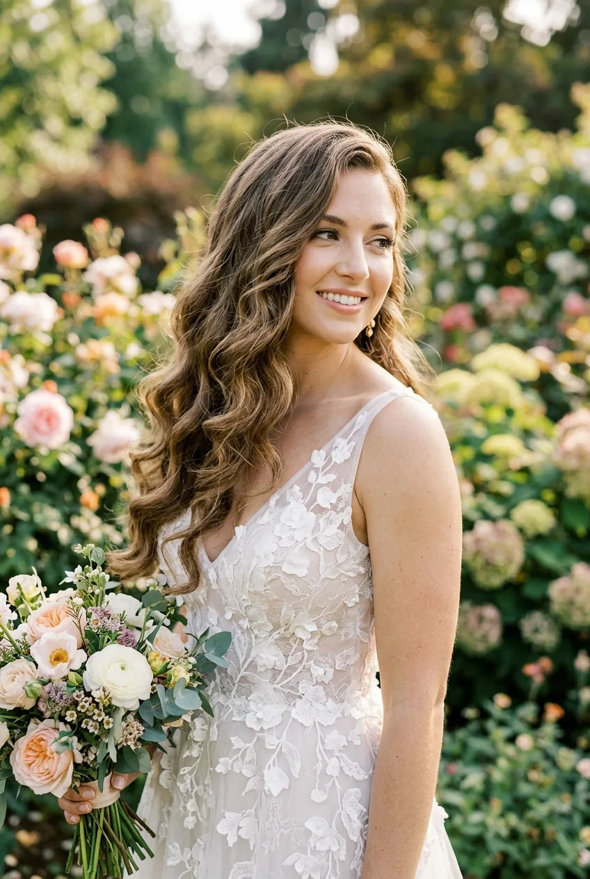 Bride with loose romantic waves over shoulder showing natural curl definition and movement
