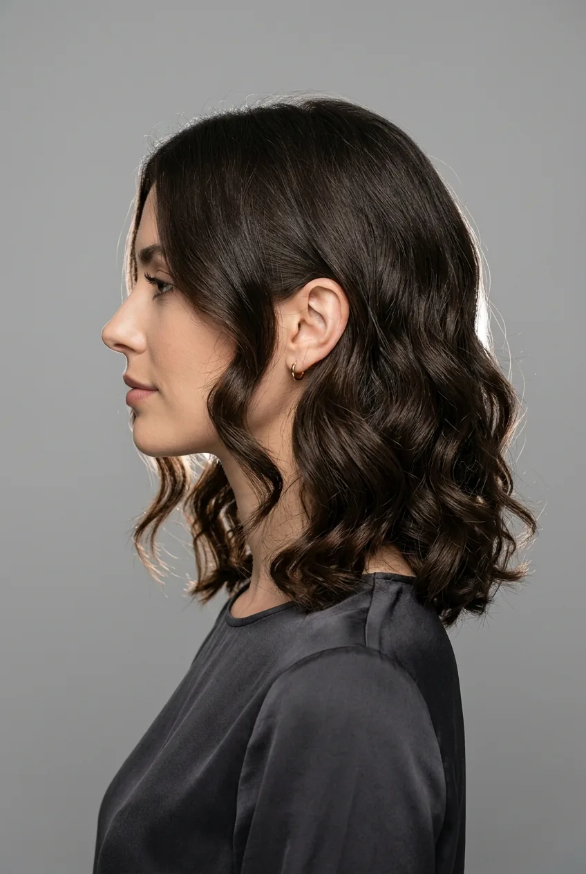 Woman with romantic wavy lob featuring soft bouncy waves at collarbone length
