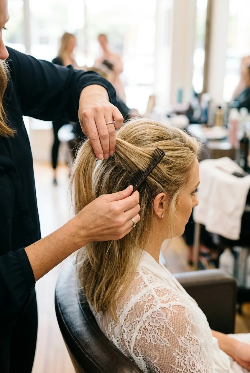 Close-up of hands gently backcombing hair sections at roots with fine-tooth comb for invisible volume