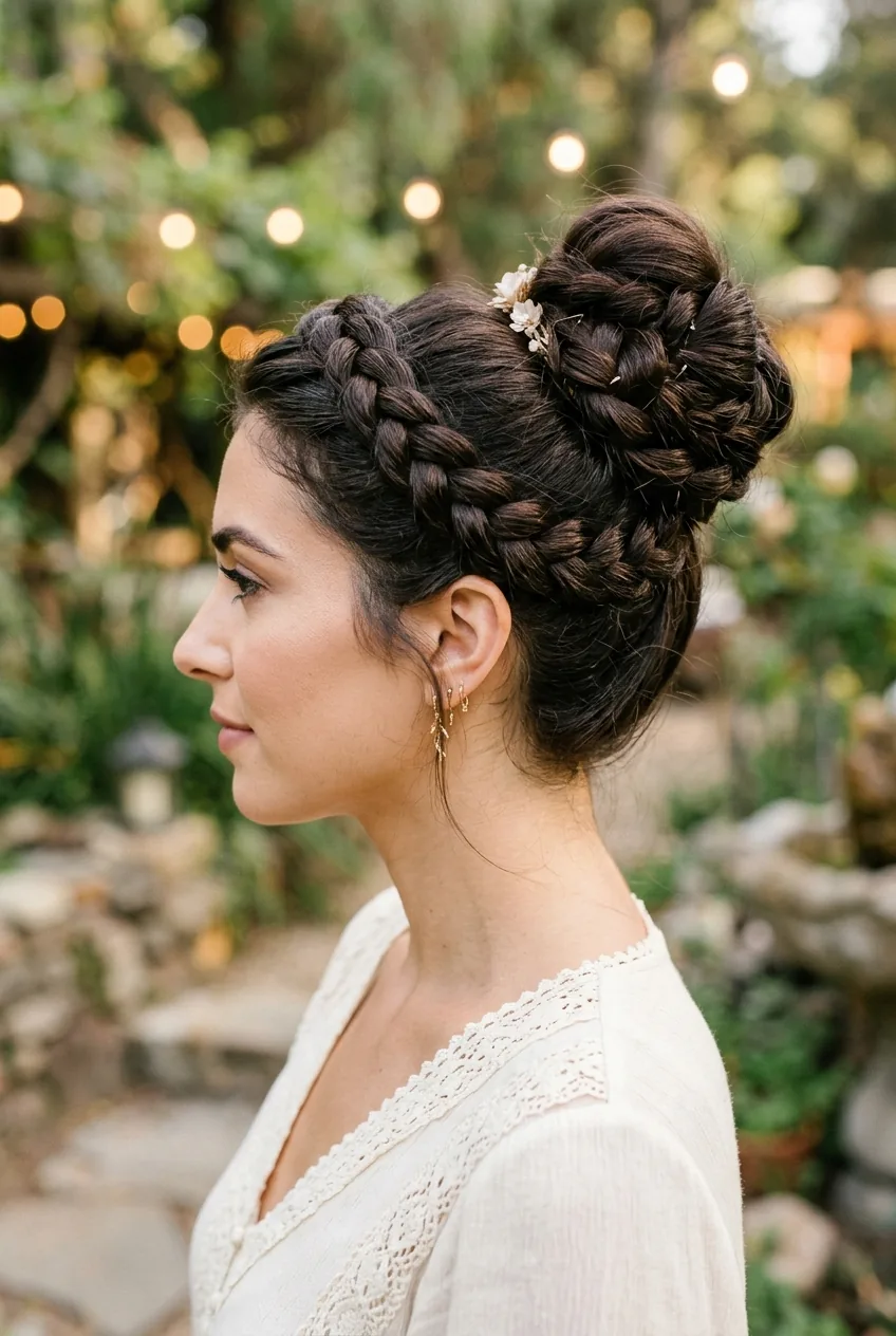 Rope braid crown transitioning to high bun showing twisted texture around head