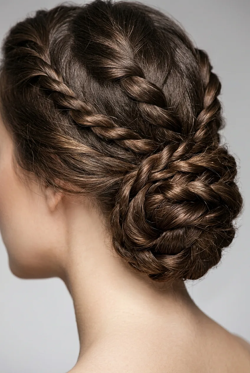Elegant rope braid wrapped into sophisticated chignon with twisted coil technique