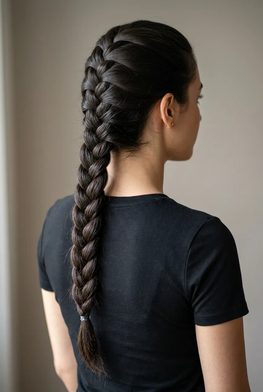 Profile view of woman with dark hair in twisted rope braid showing continuous spiral pattern