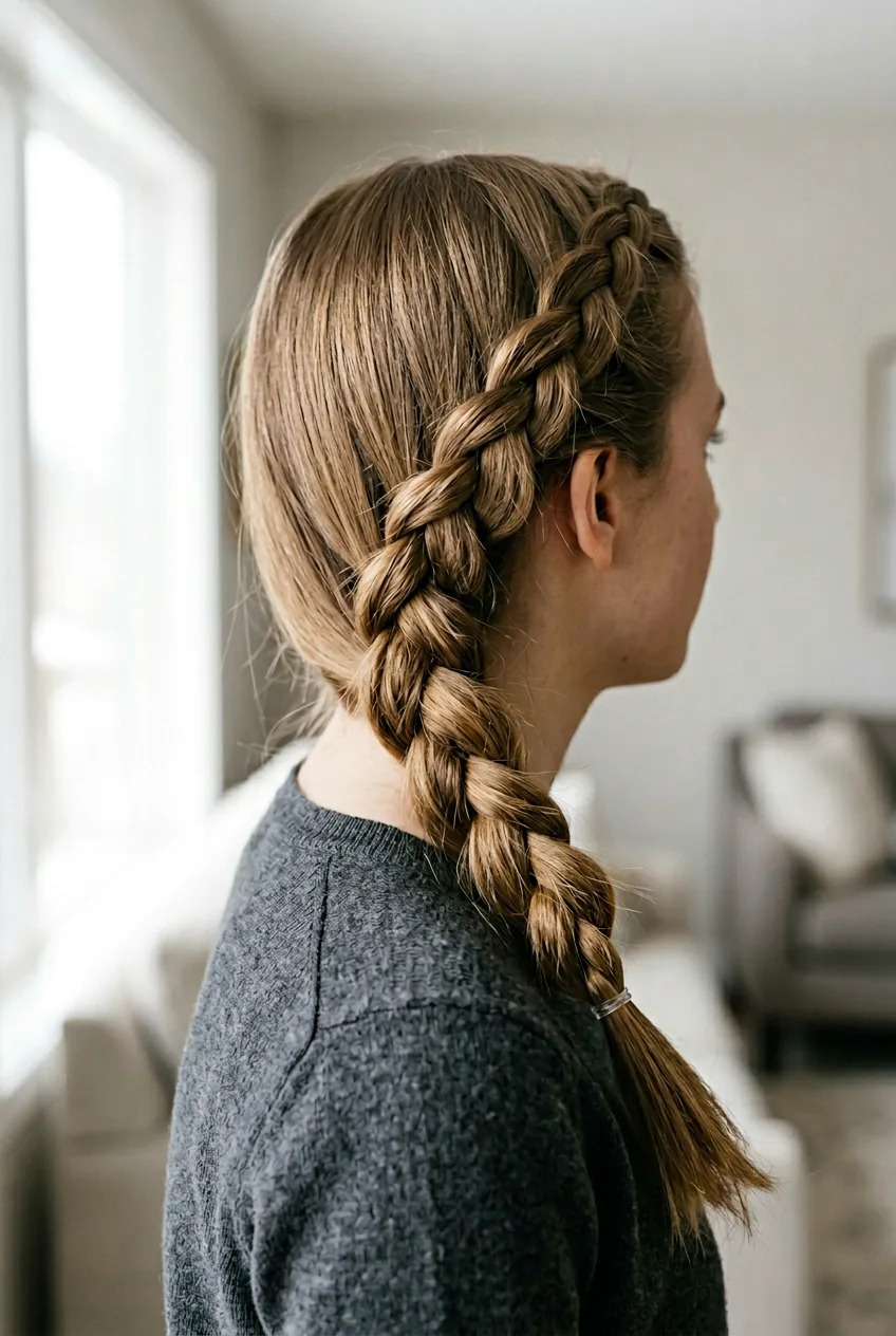 Shoulder length rope braid on straight hair with pulled-apart sections creating artificial texture