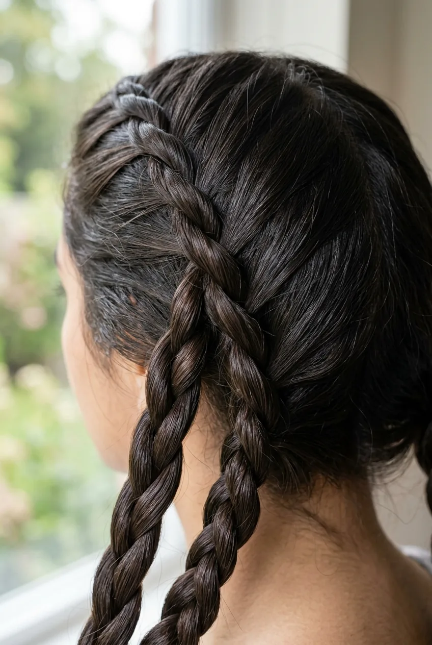 Close-up of rope braids in dark hair displaying twisted rope-like texture and opposing twist technique