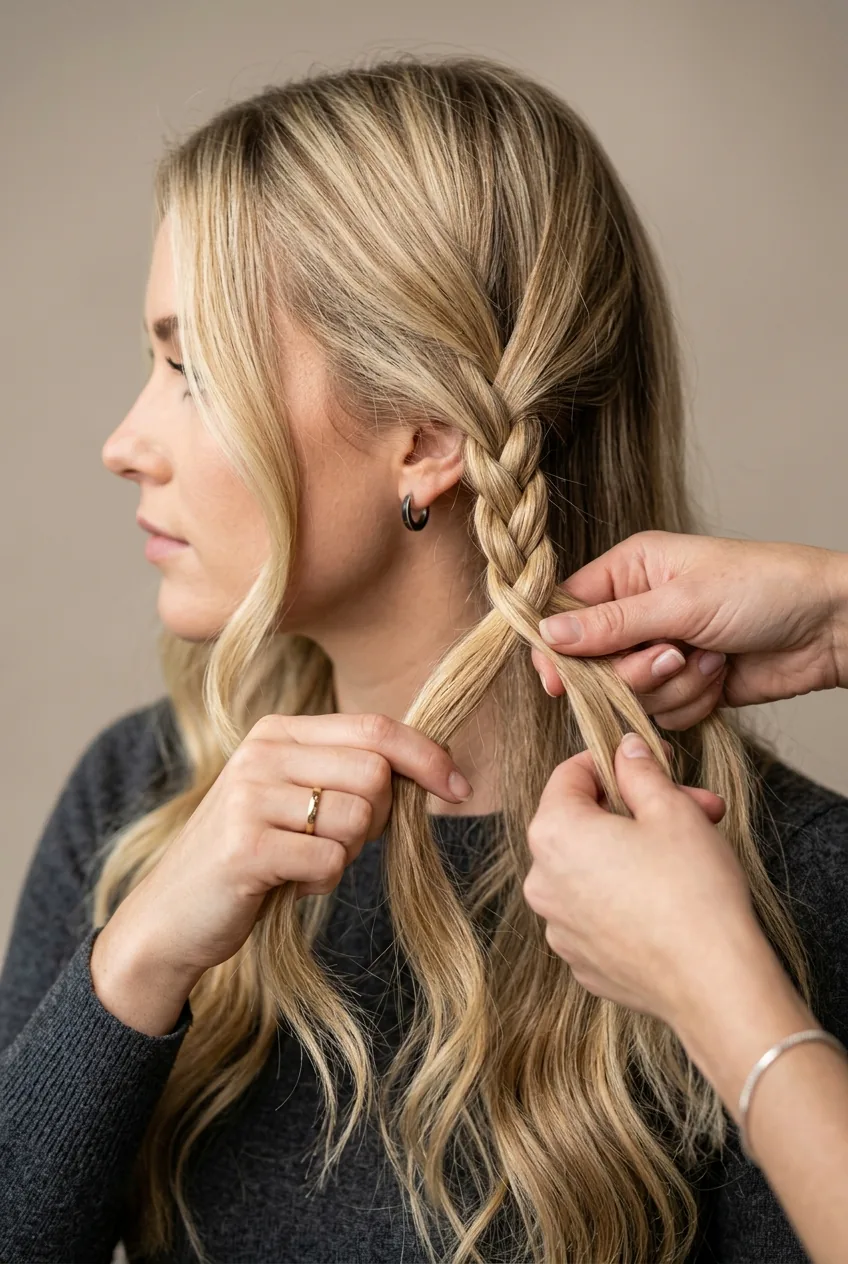 Twisted rope braid technique being demonstrated on blonde hair showing twisting hand motion