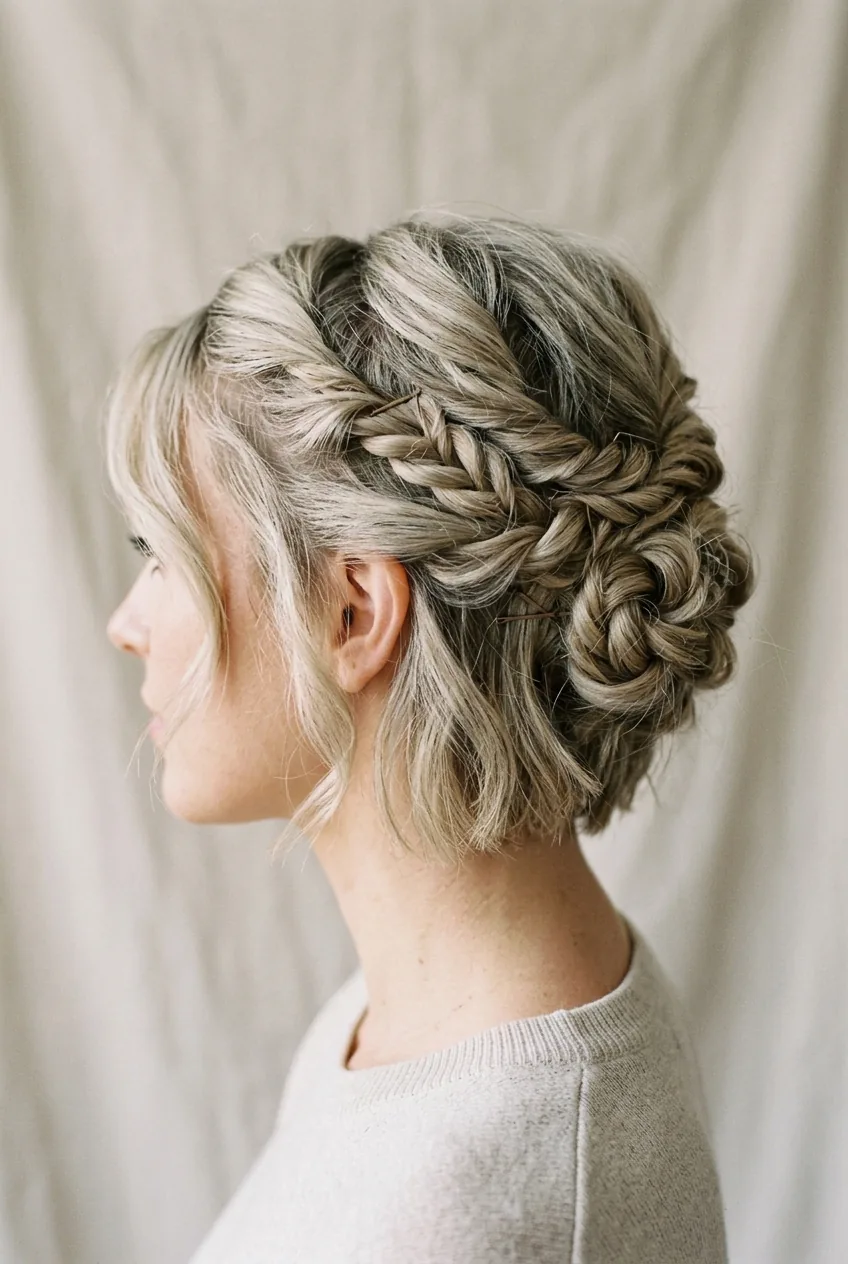 Side profile of rope braid updo with twisted sections coiled and pinned on short hair