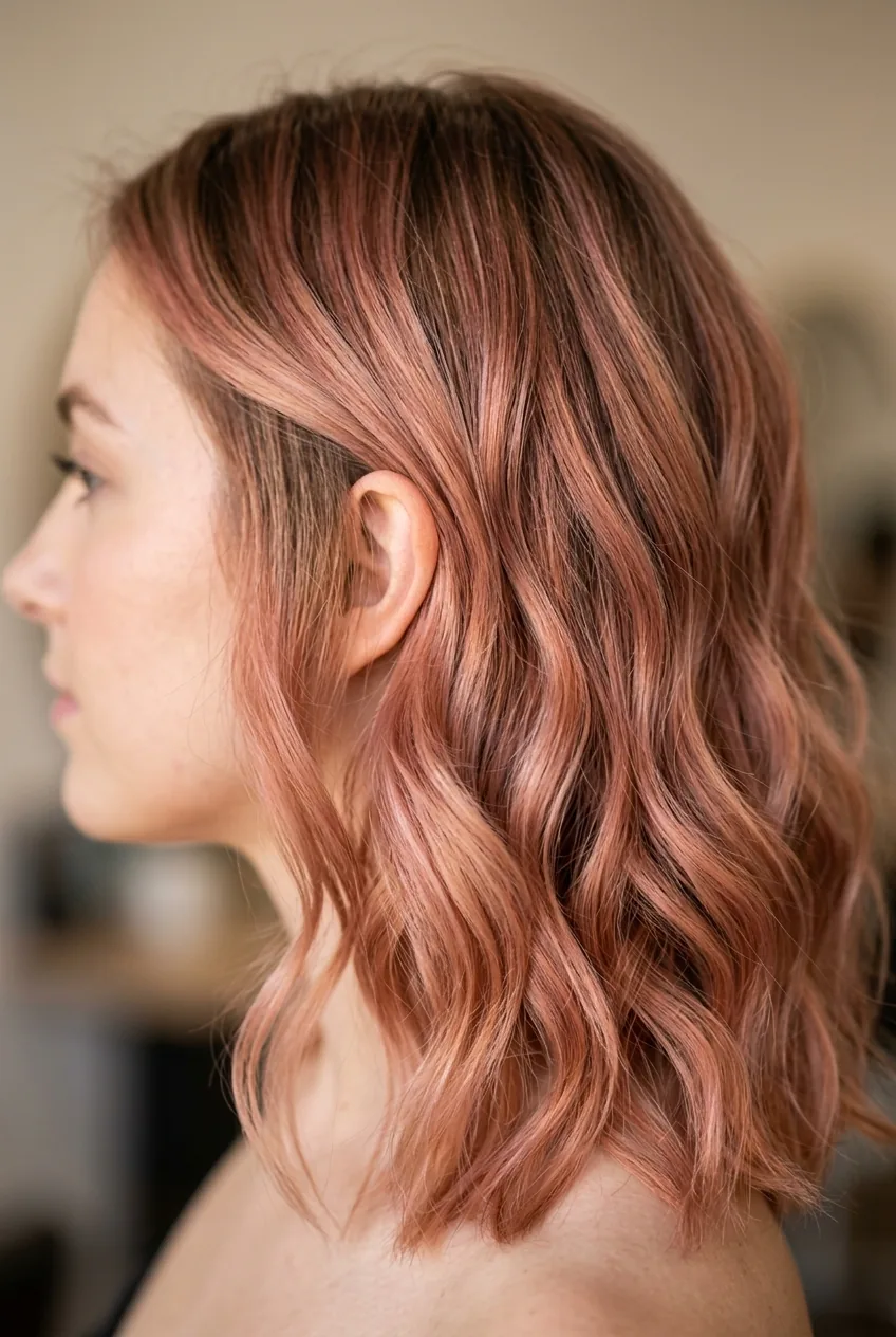 Close-up of rose gold balayage on textured lob showing warm pink tones and lived-in texture